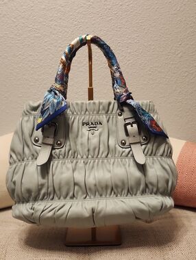 Prada Light Gray Leather Ruched Tote with Colorful Scarf-Wrapped Handles